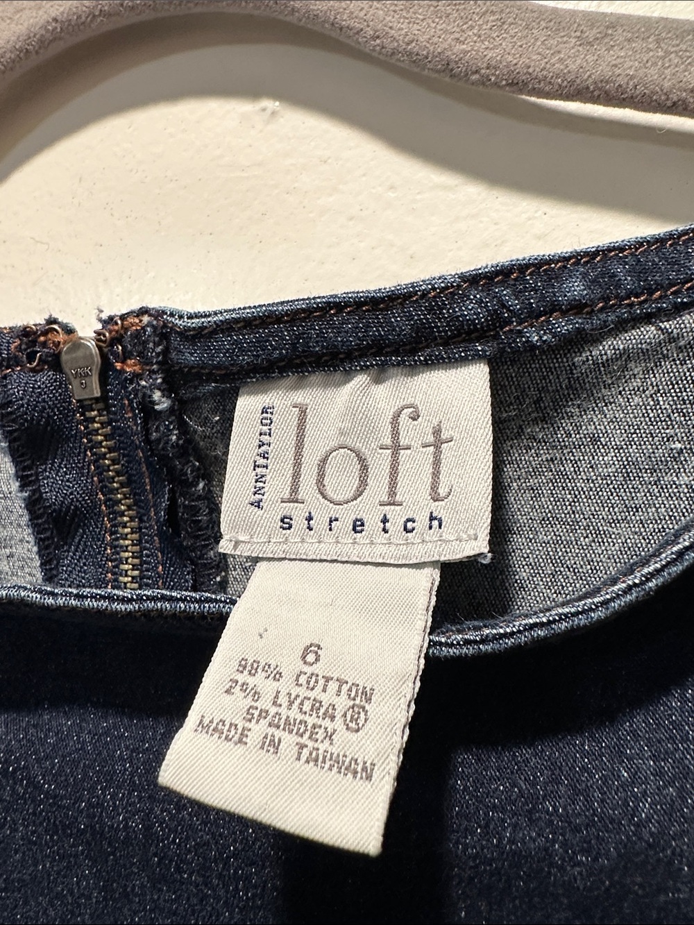 LOFT Stretch Deep Indigo denim dress with brown contrast stitching - Picture 3 of 5